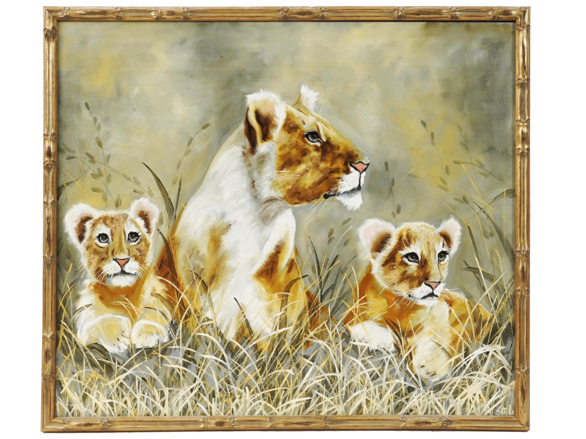 FRAMED OIL PAINTING OF LIONESS WITH CUBS BY STULE PIC-0